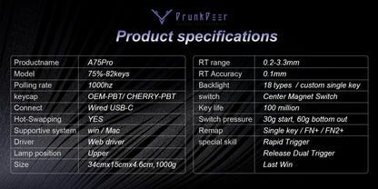 DrunkDeer A75 Pro HE Magnetic Switch Gaming Keyboard Rapid Trigger Wired RGB Mechanical Keyboard Hot-Swap Gasket Mount