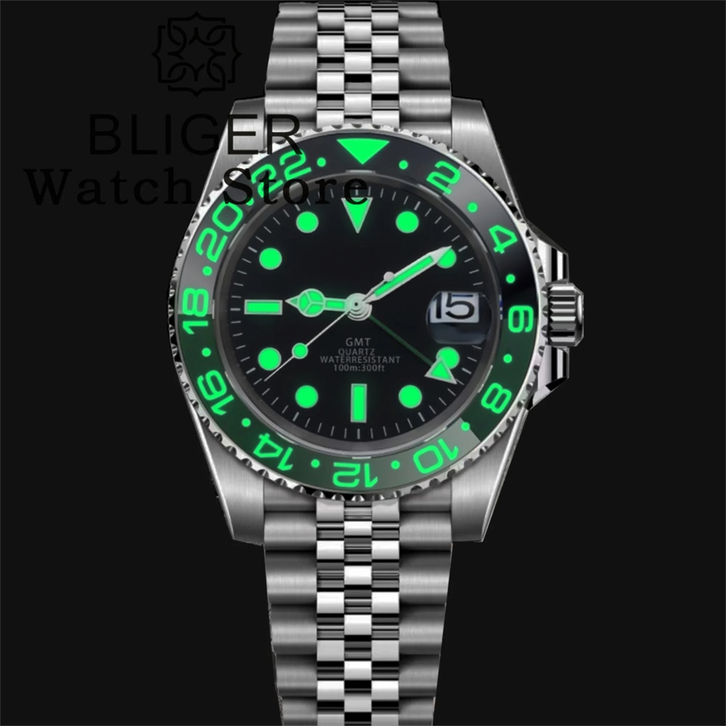 BLIGER 40mm 515 24H GMT Men's Watch Stainless Steel Clasp Luminous Quartz Movement Ceramic Bezel Sapphire Glass 10Bar Waterproof