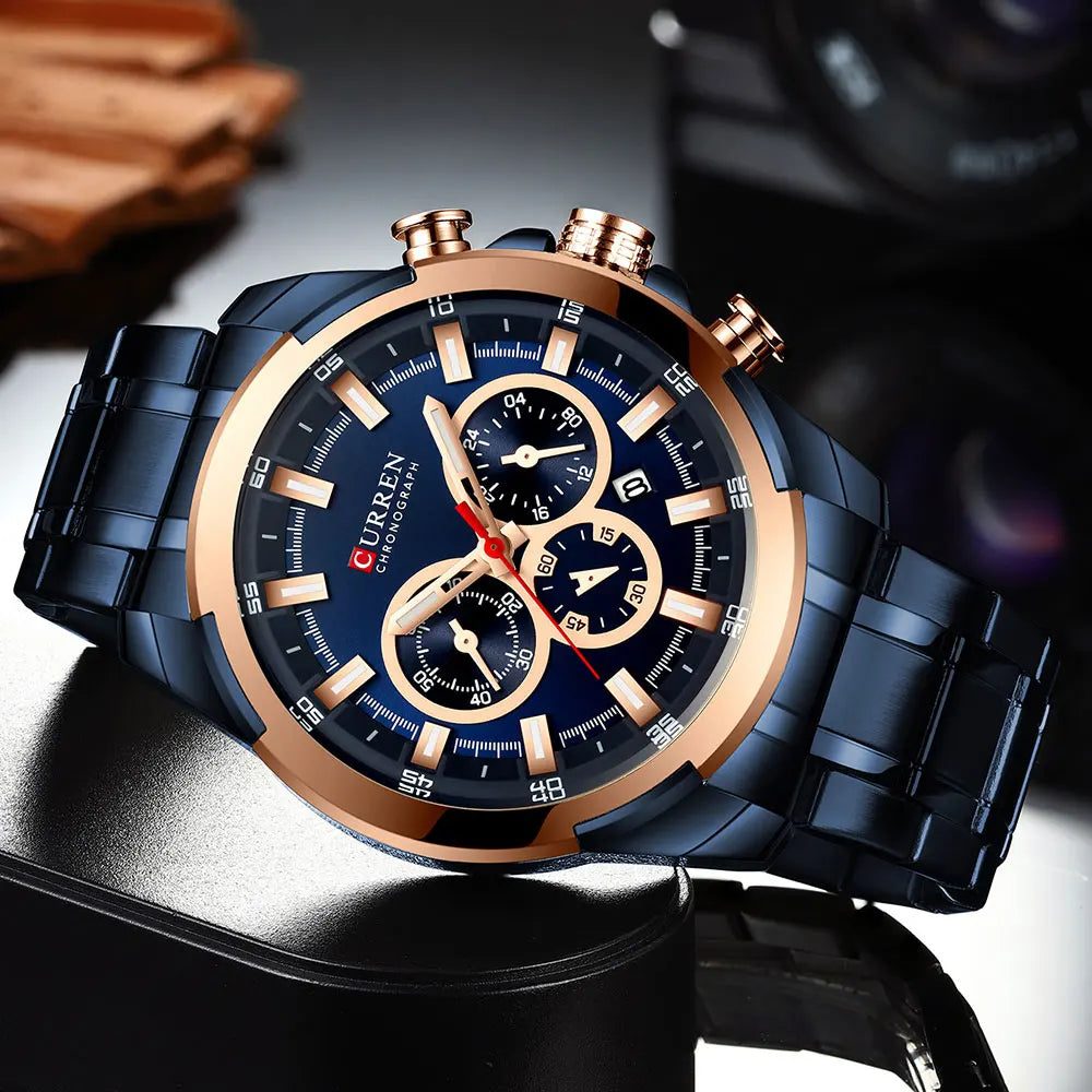 CURREN Chronographenuhr für Herren, großes Zifferblatt (48 mm), Edelstahlarmband, drei Hilfszifferblätter, Quarz-Sportarmbanduhr, luxuriöser Stil