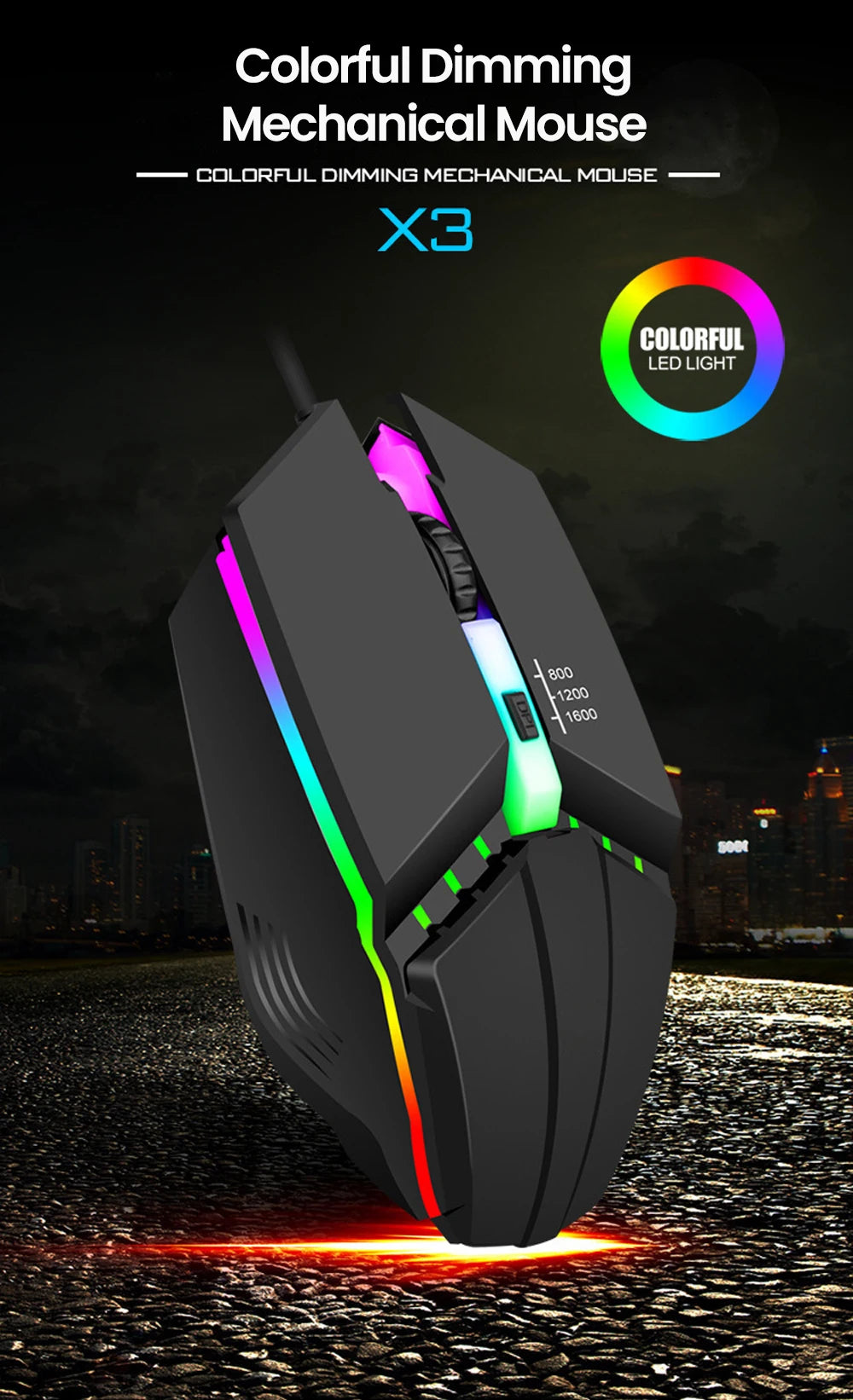 Ratón gaming USB con cable RGB retroiluminado, botón de silencio, LED luminoso y 1600DPI para PC de escritorio, portátil, ordenador, hogar y oficina