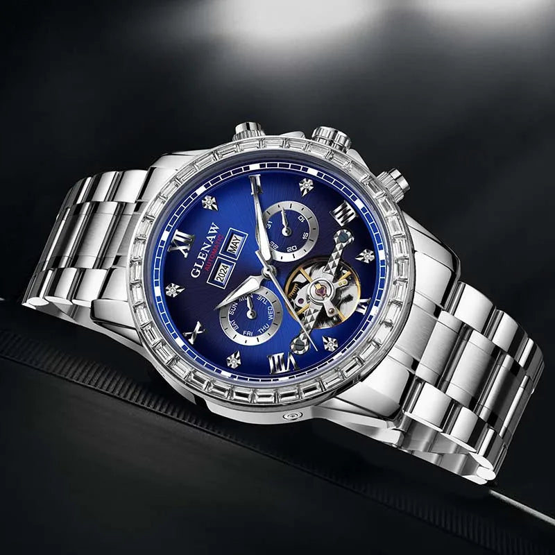 Montre mécanique multifonction GLENAW – Modèle pour homme, style business et décontracté, bracelet en acier inoxydable, étanche, avec calendrier – Montre de luxe
