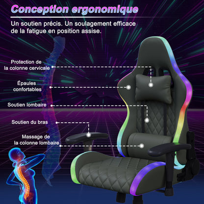 Rosahqnda Gaming Chair with Massage Function, LED Lights, Ergonomic Gaming Chair, Adjustable Reclining Computer Chair with Lumbar Support, Headrest & 150KG Capacity