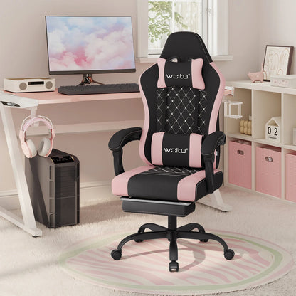 WOLTU snurrbar datorstol med massagefunktion, ergonomisk kontorsstol med kudde och fotstöd, höjdjusterbar gamingstol