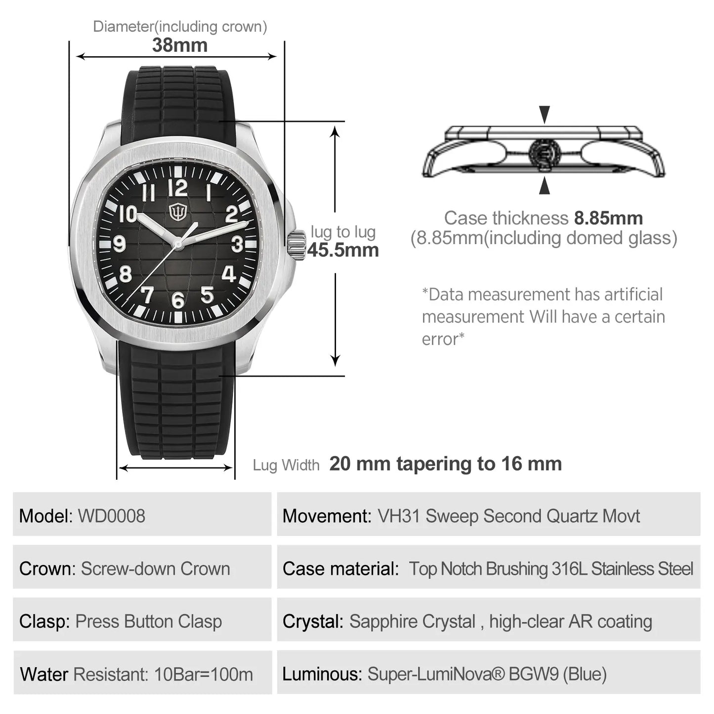 Watchdives WD008 38mm Dive Men Watch VH31 Sweep Second Quartz Movement Sapphire Super Luminous 100m Waterproof Watches