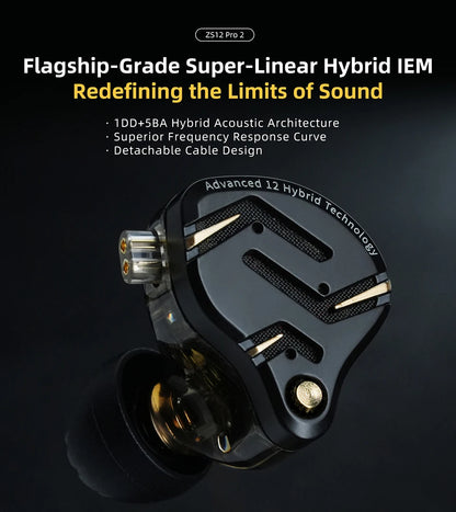 KZ ZS12 PRO 2 Hybrid IEM Earphones – HiFi Bass Wired Gaming Earbuds with Super-Linear Drivers