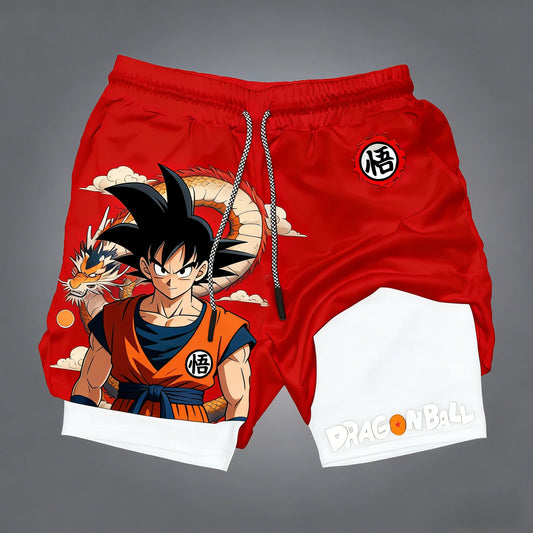 Мъжки двуслойни шорти Dragon Ball Son Goku за лятото, японско аниме, имитация на две части, спортни фитнес шорти с бързо съхнене