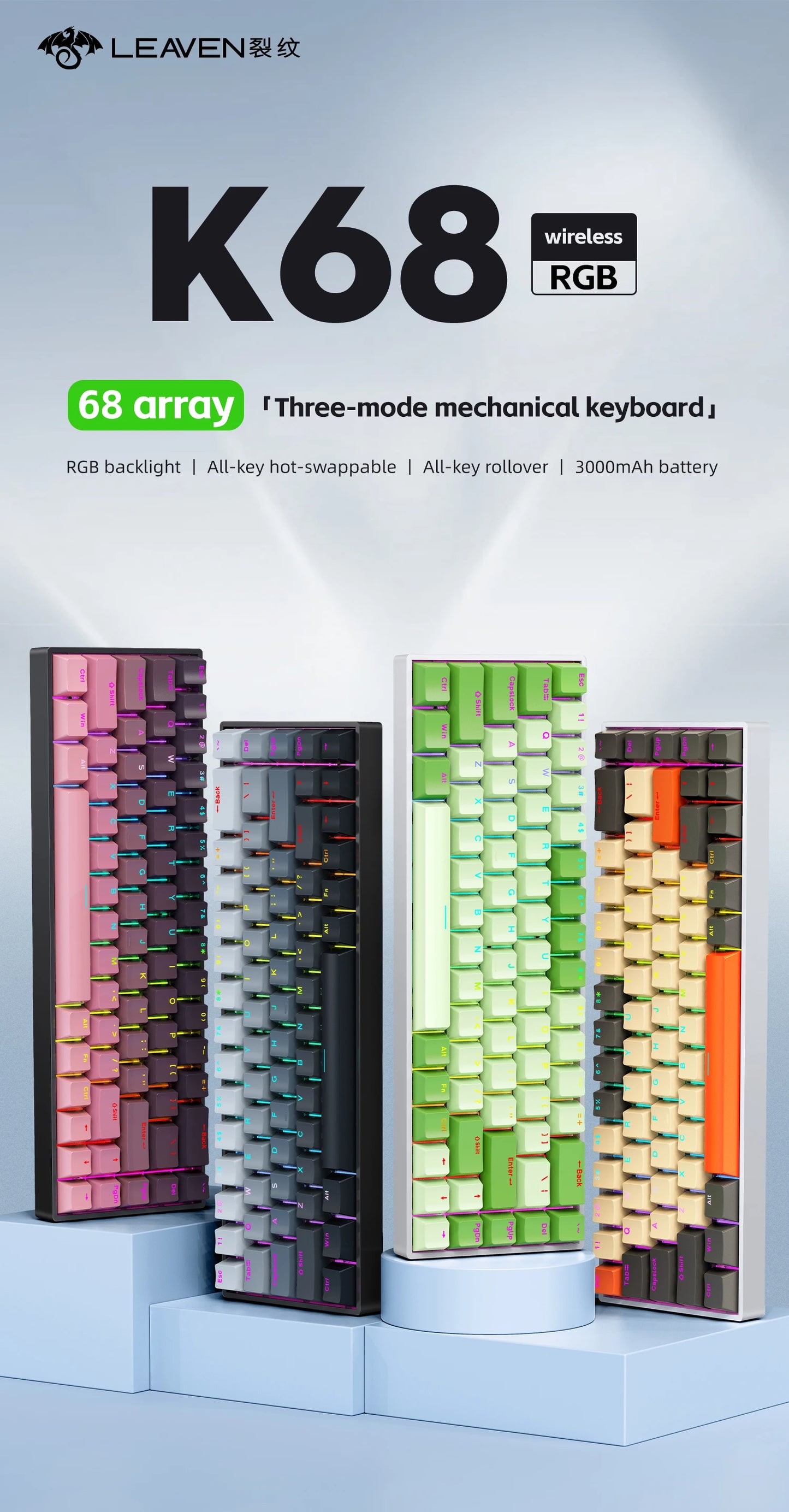 K68    68Key Wireless Mechanical Keyboard Tri-mode Connection,Full Key Hot Swap,RGB lighting Effects,Gasket Muffler Structure, L