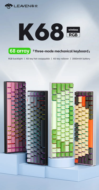 K68    68Key Wireless Mechanical Keyboard Tri-mode Connection,Full Key Hot Swap,RGB lighting Effects,Gasket Muffler Structure, L