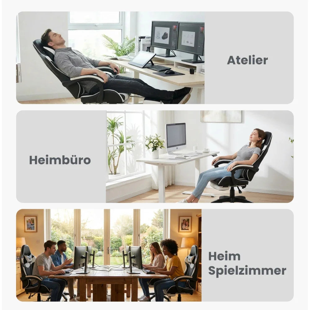 360° Swivel Ergonomic Racing Design Gaming Chair Leather High Back Office Chair Height Adjustable Task Chair, Black & White