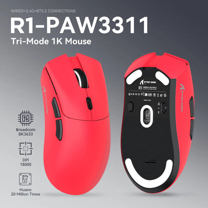 Rato Gaming Tri-Mode ATTACK SHARK R1, Sensor PixArt PAW3311, 18000 DPI, 1000hz, ultraleve 59g para mãos grandes, para PC/Mac