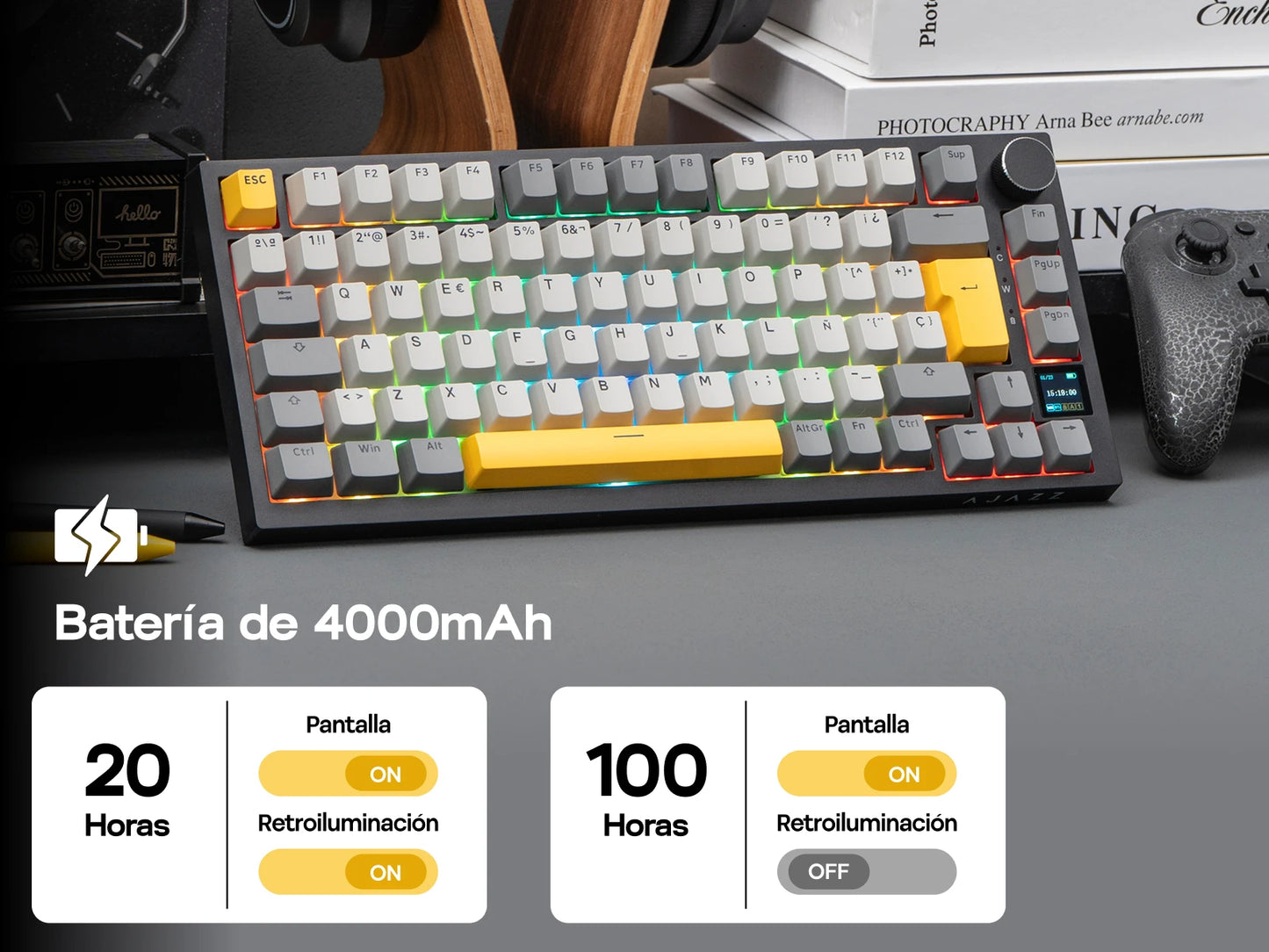 ISO-ES Layout EPOMAKER X AJAZZ AK820 PRO 75% Spanish Layout Wired/2.4GHz/BT Mechanical Keyboard with Screen & Knob for Pc/Mac