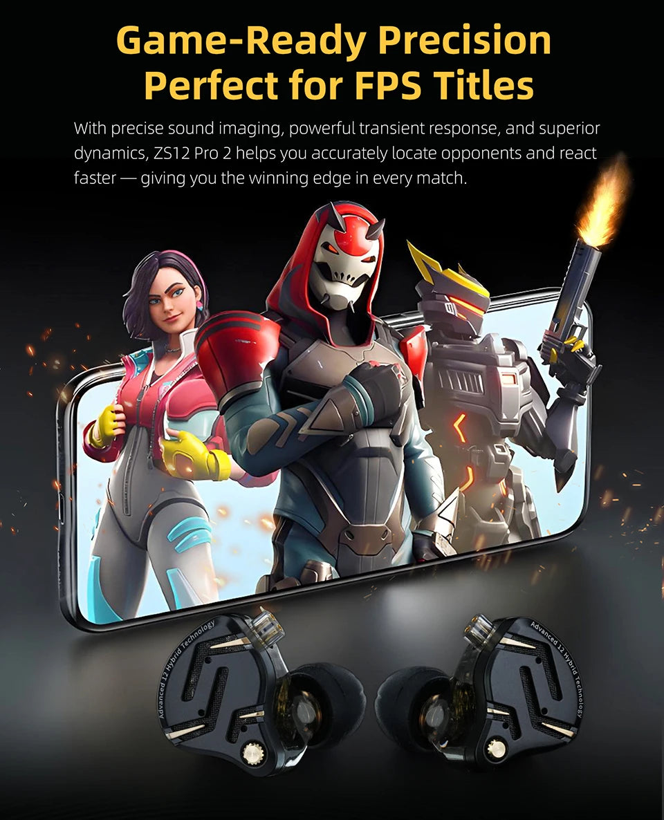 KZ ZS12 PRO 2 Hybrid IEM Earphones – HiFi Bass Wired Gaming Earbuds with Super-Linear Drivers