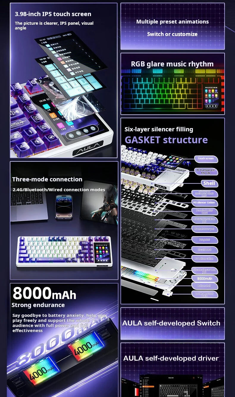 AULA L99 Intelligent Screen Mechanical Keyboard Bluetooth Wireless Tri-mode Night Gaming Laptop Keyboard 8000mAh Raindrop Switch