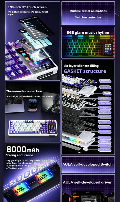 AULA L99 Intelligent Screen Mechanical Keyboard Bluetooth Wireless Tri-mode Night Gaming Laptop Keyboard 8000mAh Raindrop Switch