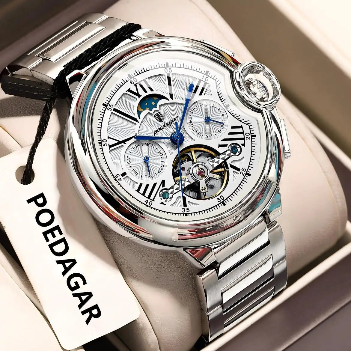 POEDAGAR Herrenuhr im luxuriösen und professionellen Stil, mit Datums- und Wochentagsanzeige, Tourbillon, Edelstahlgehäuse, mechanischem Automatikwerk und Wasserdichtigkeit.