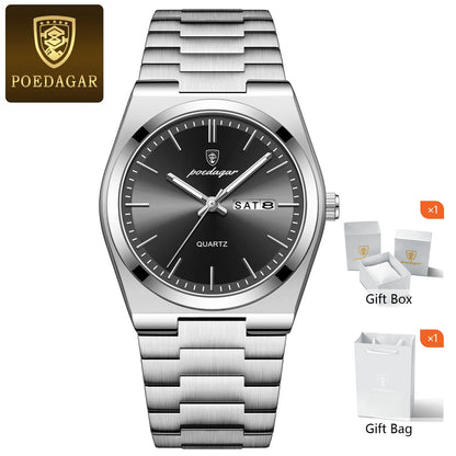 POEDAGAR Fashion Men Watch Waterproof Luminous Date Week Men's Watches Stainless Steel Functional Man Quartz Watch with Gift Box