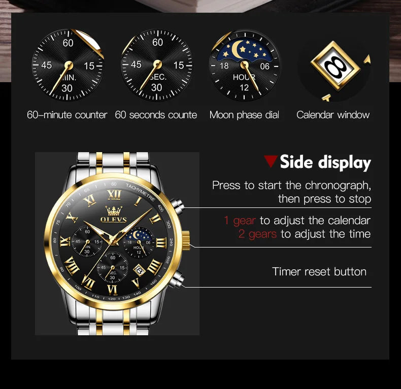 OLEVS 5529 Top-Luxusmarke Herrenuhr wasserdicht leuchtend Edelstahl Mondphase Timing Code Uhr neue Quarz-Herrenuhr