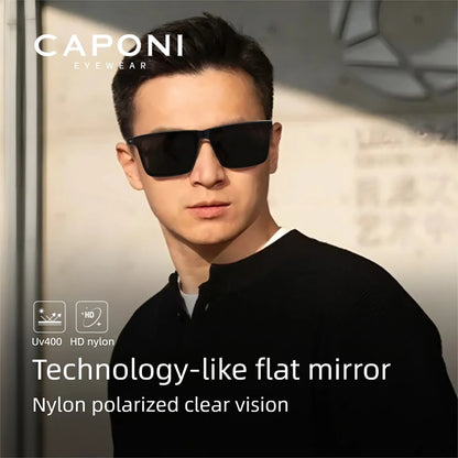 CAPONI Nylon Polarized Sunglasses High Quality Acetate Square Flat Design Sun Glasses For Men UV400 Protect Black Shades CP7499