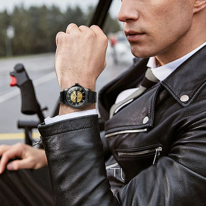 WINNER Classic Mechanical Watches Luxury Diamond Dial Black Gold Skeleton Automatic Mens Watch Stainless Steel Strap Wristwatch