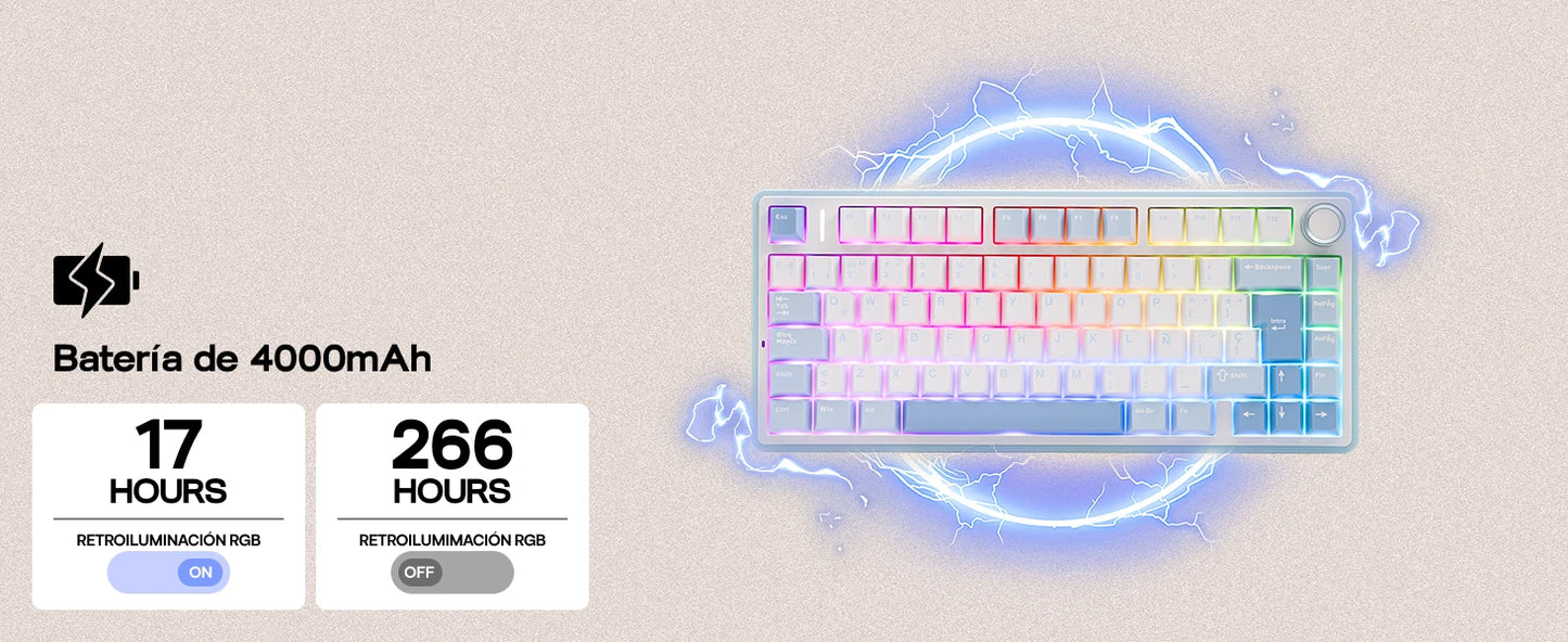EPOMAKER AULA F75 ISO-ES 75% QWERTY español, teclado mecánico gaming inalámbrico con cable/Bluetooth/2.4GHz, hot-swap, montaje gasket y retroiluminación RGB