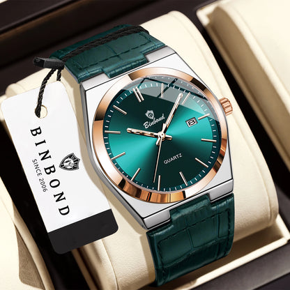 BINBOND luxury quartz wristwatch for men – Water-resistant, luminous, with automatic date – Professional, sporty, trendy and casual styles – Leather strap