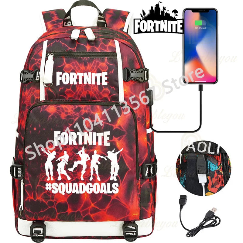 Yule Trooper F-Fortnited Battle Royale Rucksack mit USB-Ladeanschluss, Anime-Figuren, Lern- und Schreibwarenfach für Schüler