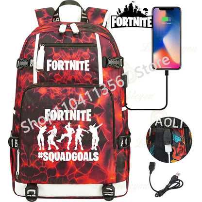 Yule Trooper F-Fortnited Battle Royale Rucksack mit USB-Ladeanschluss, Anime-Figuren, Lern- und Schreibwarenfach für Schüler