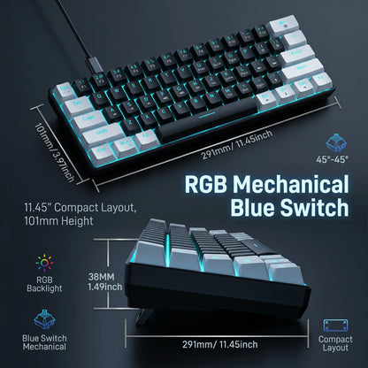 61 Keys Mechanical Gaming Keyboard RGB LED Backlit Compact Wired Red Switches Colorful Keycaps for Desktop Computers