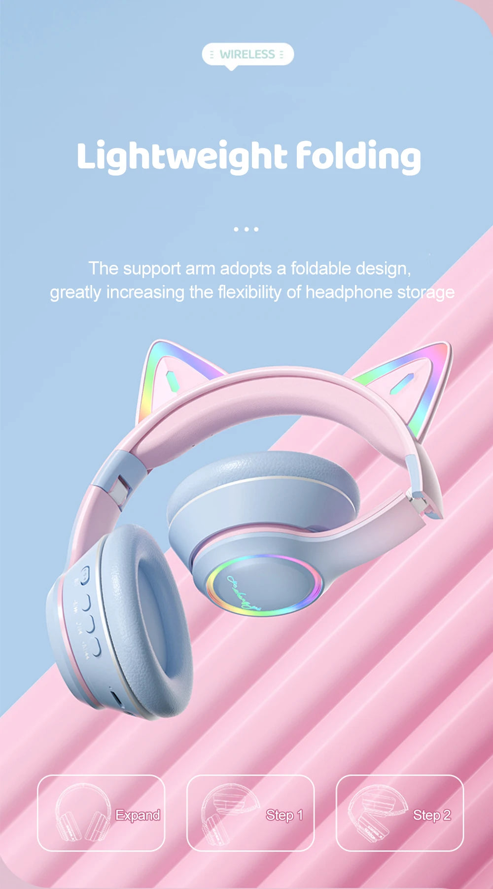 RGB Cat Ear Bluetooth Headphones Wireless Kids Headset with Microphone, Gradient LED Light Gaming Headphones, Stereo Music Bluetooth 5.3 Earphones for Girls