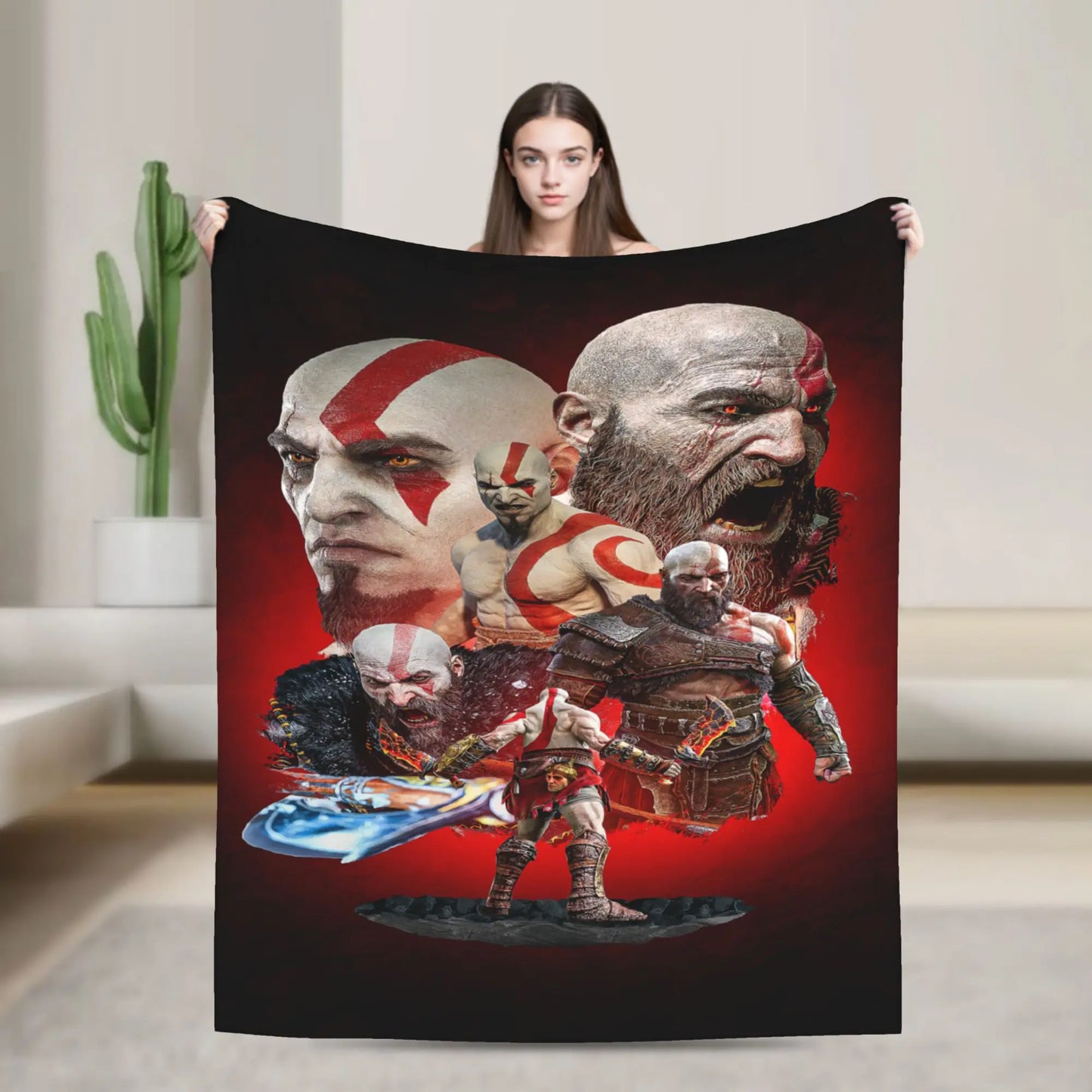 God of War Games Kratos Cartoon Flannel Blanket  Super Soft Throw Blanket for Couch Bed Travel Street Trend Bedspread Sofa Bed
