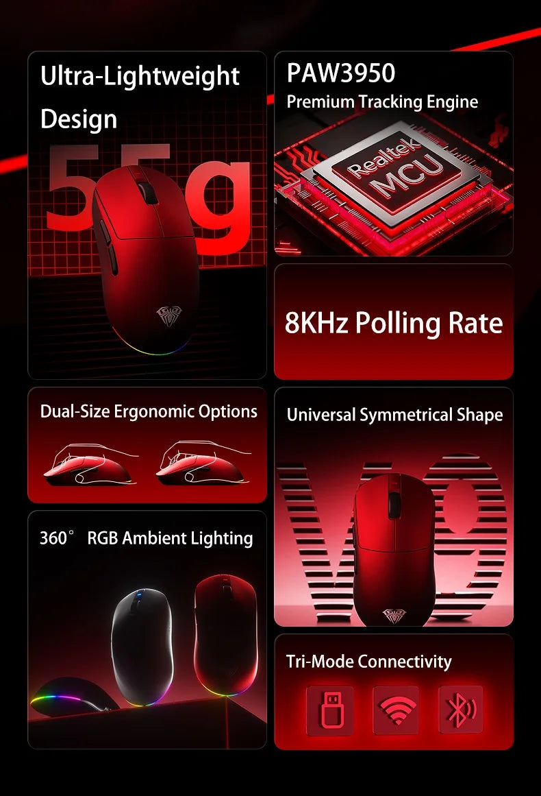 Aula V9 Ultra bezdrôtová e-športová herná myš Double 8k 3mode PAW 3950 8k, 55g, ľahká ergonomická myš, prispôsobiteľné príslušenstvo k PC