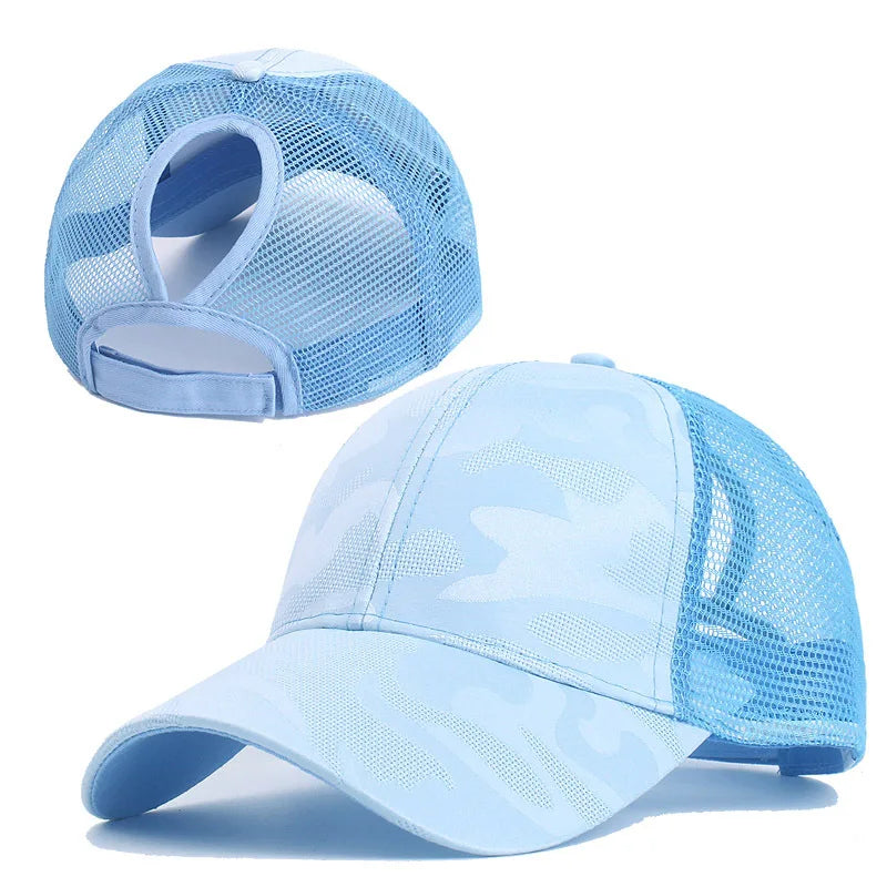 2023 Women Summer Ponytail Baseball Cap Cotton Camouflage Print Mesh Hat Adjustable Sports Golf Hat Girl Outdoor Casual Sun Hat