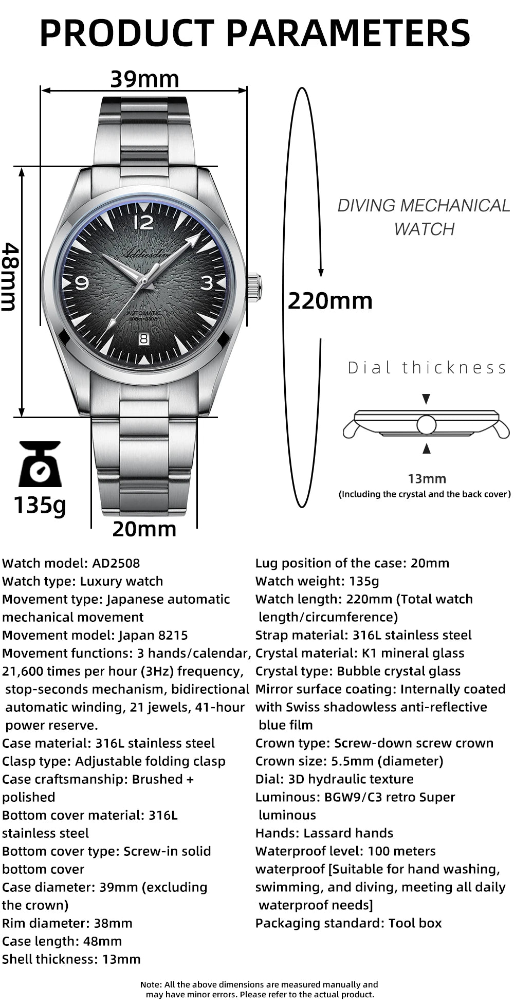 Reloj de buceo para hombre ADDIESDIVE AD2508, luminoso, resistente al agua 100M, acero inoxidable 316L, movimiento 8215, reloj mecánico automático