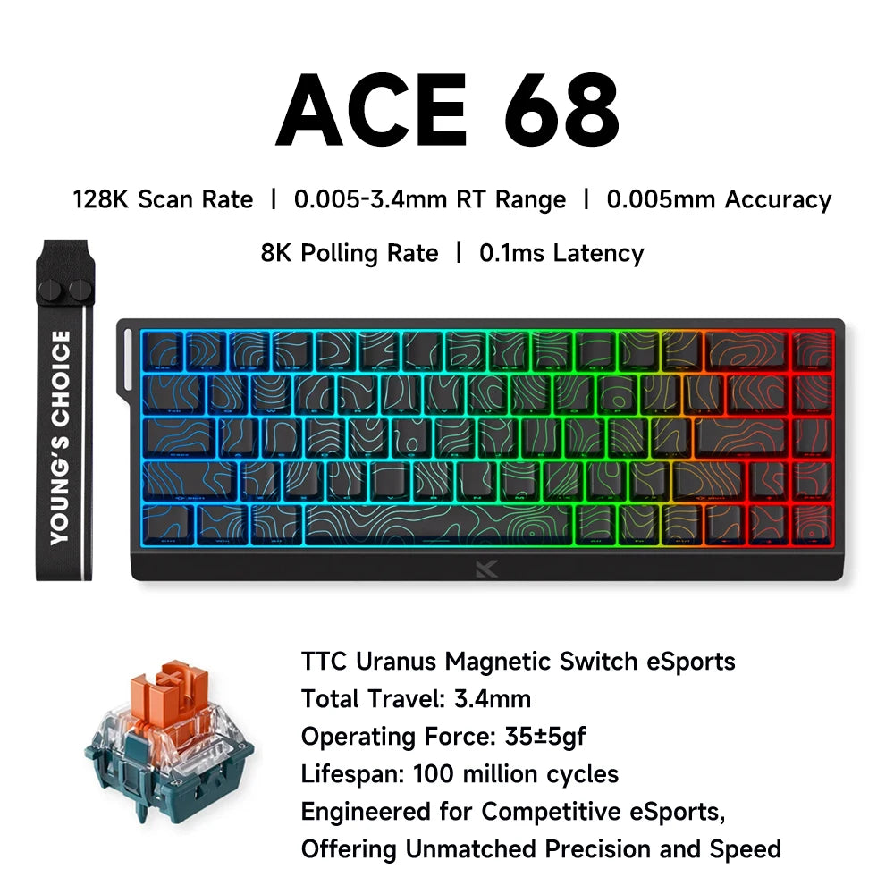 MCHOSE ACE 68 Magnetic Switch Gaming Keyboard Hall Effect Rapid Trigger Programmable RGB 8K Hz DKS/MT/TGL/RS/SOCD Keyboard