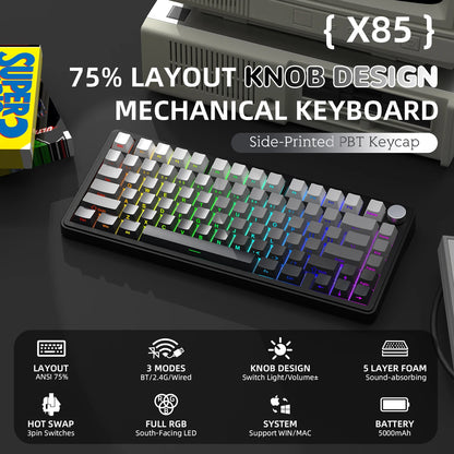 ATTACK SHARK X85 Tri-mode Gasket 75% Mechanical Keyboard with CNC Knob, 5-Layer Padding, Hot Swappable, RGB Backlight, NKRO
