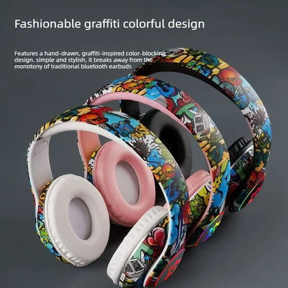 New Graffiti Wireless Bluetooth Gaming Headset LX-8686 with Mic, LED Light, TF Card Support, Deep Bass Over-Ear Headphones for PC, Gaming & Kids