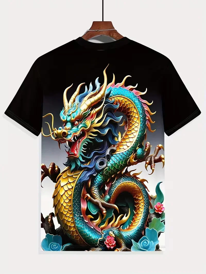 Cool Dragon -kuvioinen miesten T-paita, 3D-teräväpiirtopainatus, trendikäs pyöreäkaulainen vapaa-ajanpaita, nopeasti kuivuva, oversize-mitoitettu miesten vaate