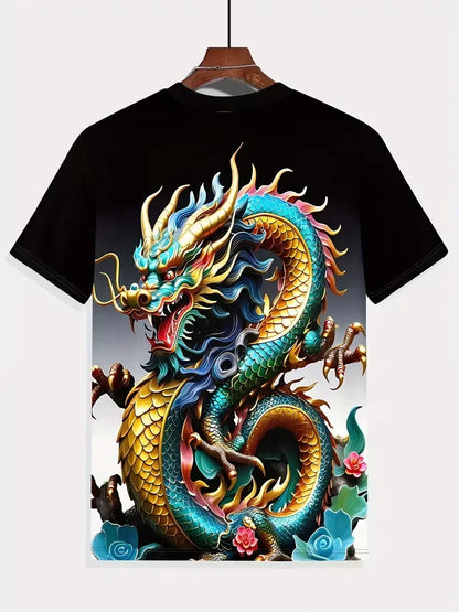 Cool Dragon -kuvioinen miesten T-paita, 3D-teräväpiirtopainatus, trendikäs pyöreäkaulainen vapaa-ajanpaita, nopeasti kuivuva, oversize-mitoitettu miesten vaate