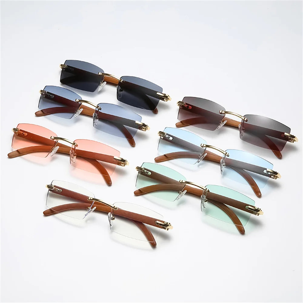 Rectangle Fashion Rimless Sunglasses for Women Men Gangster 90s Frameless Shades Retro Vintage Trendy Wooden Frame Eyewear