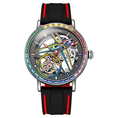 Pánské skeletové hodinky v módním stylu, zdobené drahokamy v barvách duhy, vybavené tourbillonem; luxusní mechanické hodinky s automatickým nátahem, vodotěsné do hloubky 30 metrů.