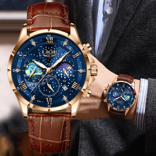 LIGE Herrenuhr – Luxuriöse Quarzuhr im lässigen Stil, Lederarmband, ideal für Arbeit oder Sport, wasserdicht, mit Datumsanzeige und Chronograph.