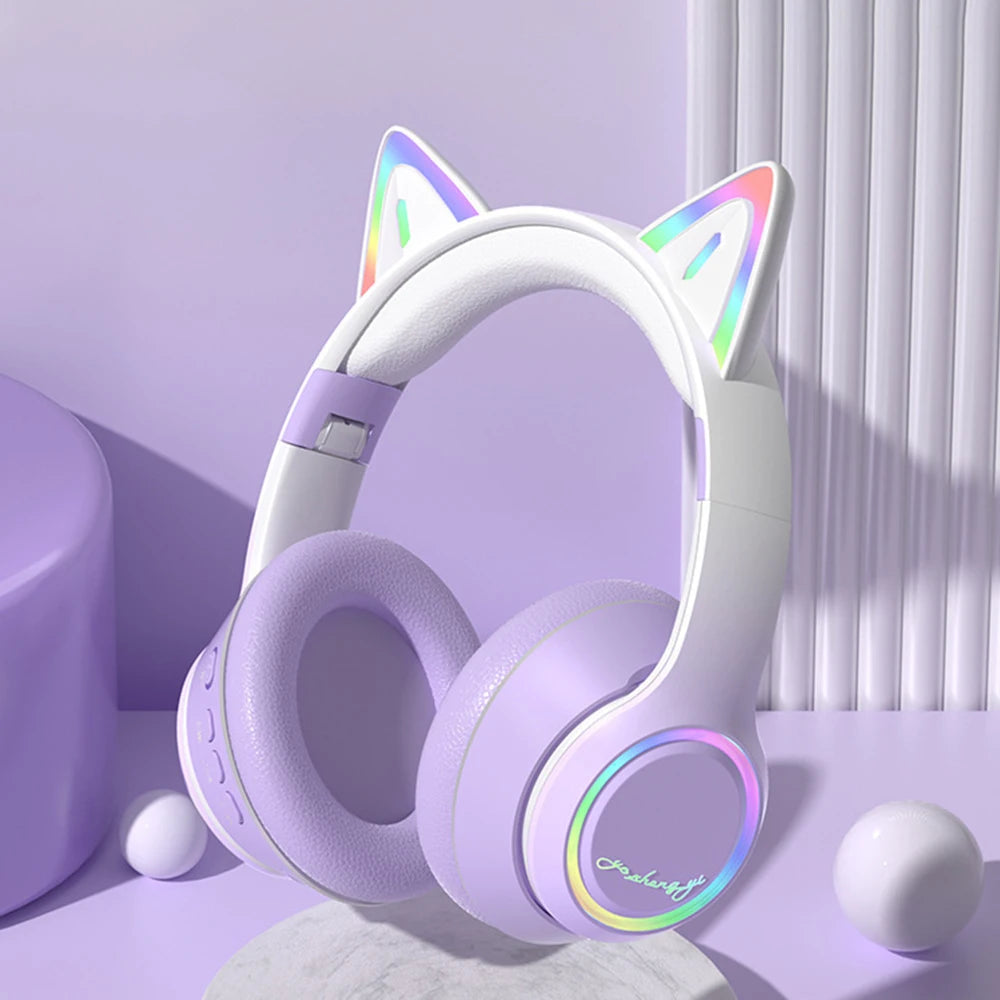 RGB Cat Ear Bluetooth Headphones Wireless Kids Headset with Microphone, Gradient LED Light Gaming Headphones, Stereo Music Bluetooth 5.3 Earphones for Girls