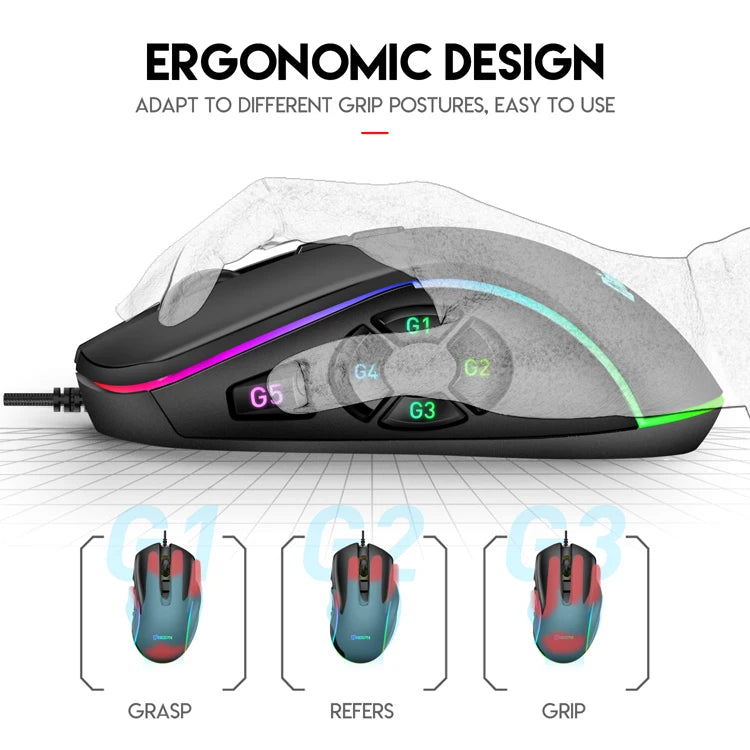 Vezetékes gamer irodai egér 7200DPI RGB háttérvilágítással, 6 állítható DPI-szinttel/10 programozható gombbal/asztalra visszalépő gombbal