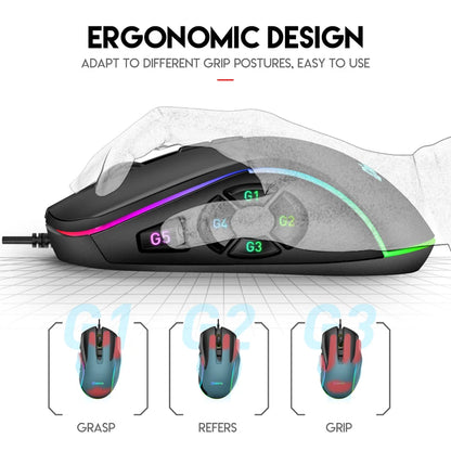 Vezetékes gamer irodai egér 7200DPI RGB háttérvilágítással, 6 állítható DPI-szinttel/10 programozható gombbal/asztalra visszalépő gombbal