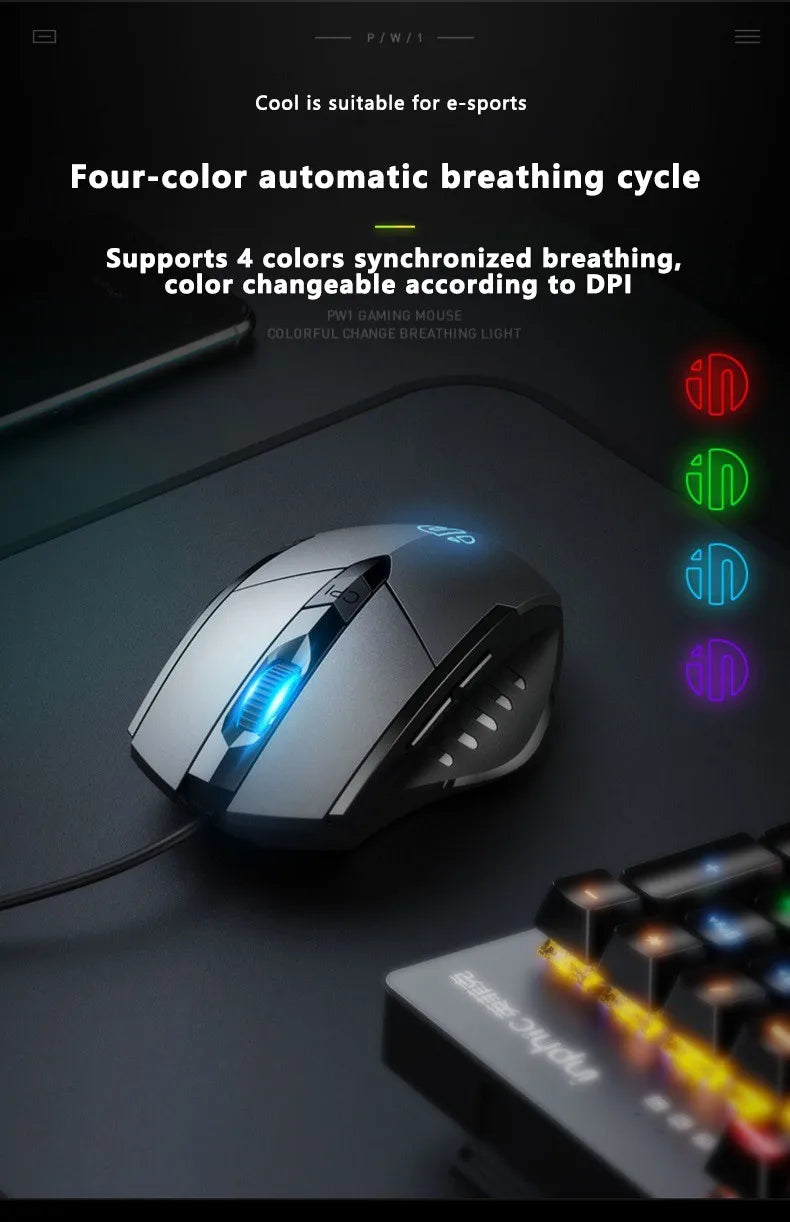Káblová myš Inphic W1 Esports Gaming Mouse s programovateľnými makrami, nastaviteľným DPI a tichým chodom do kancelárie