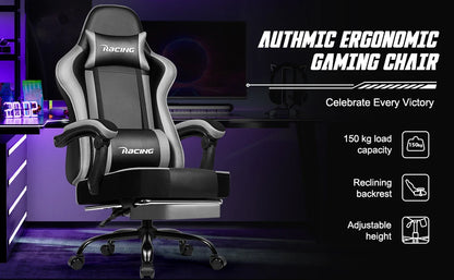 AUTHMIC Ergonomic Gaming Chair with 170° Reclining Backrest, Footrest, Adjustable Armrests, Breathable Fabric, Premium Gamer Chair
