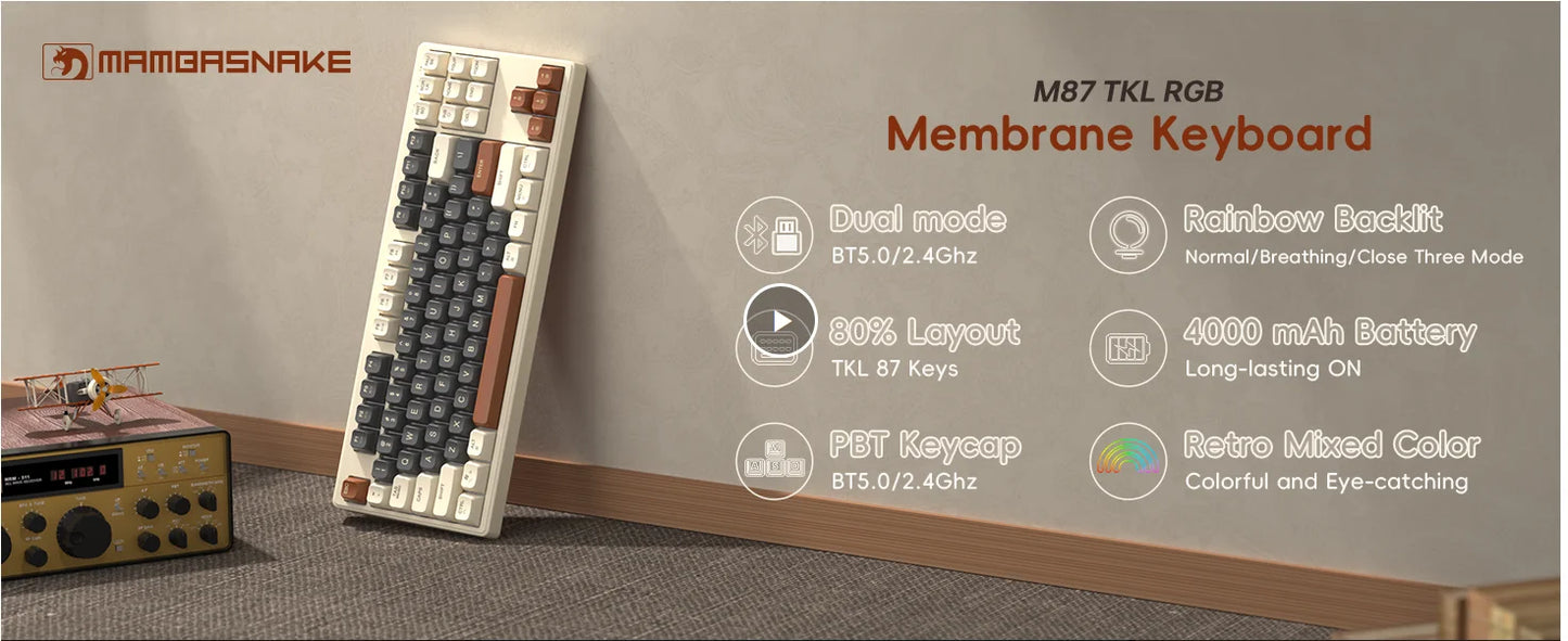 M87 Wireless Gaming Keyboard, Bluetooth 5.0/2.4GHz with Dual Mode 2-in-1 Receiver, 87 Keys TKL Rainbow LED Backlit Quiet Keyboard