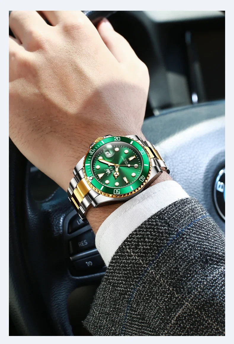 Montre pour homme OLEVS 5885 – Modèle authentique, bracelet en acier, calendrier, mouvement à quartz, livrée dans un coffret cadeau de luxe