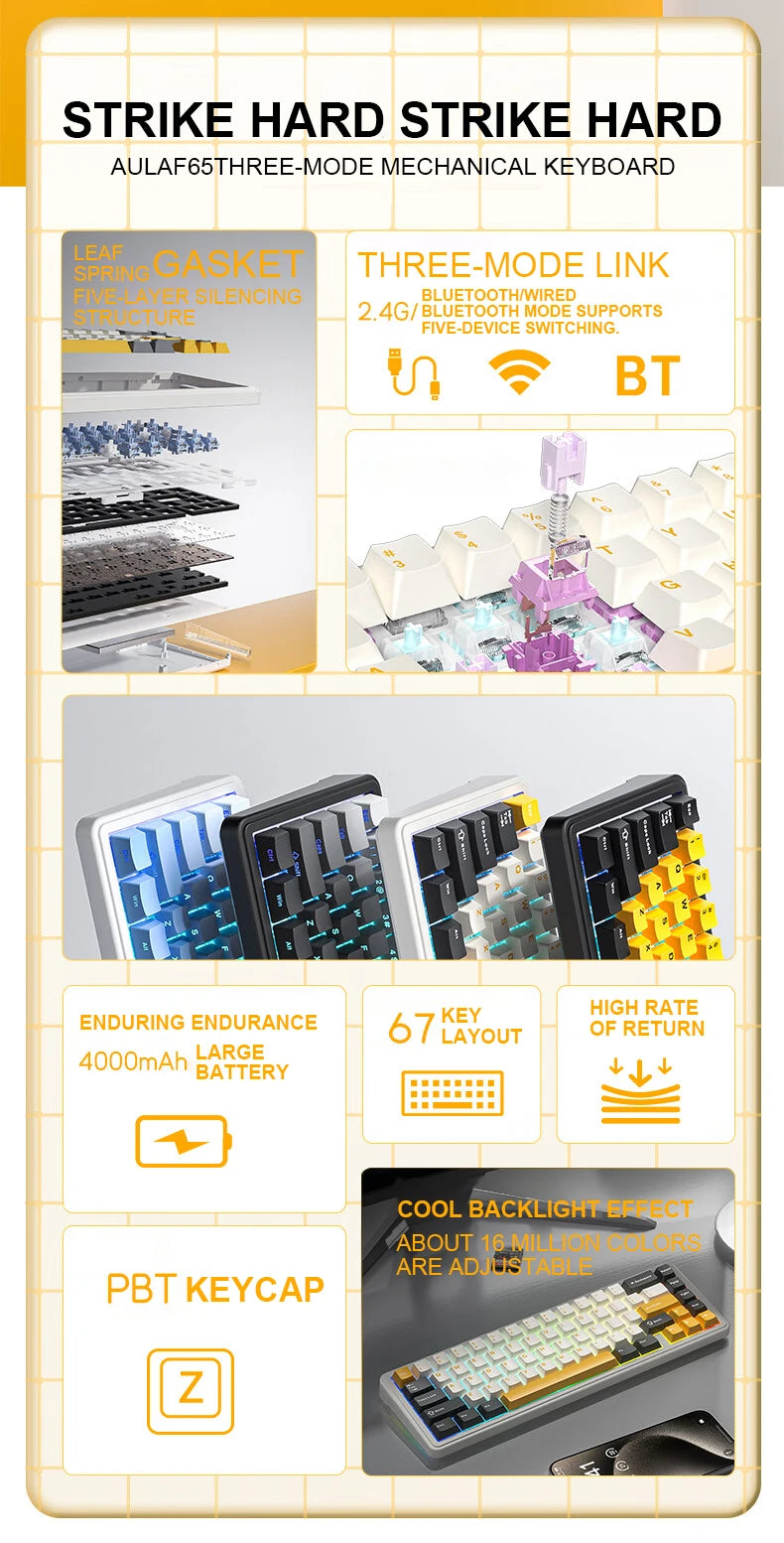 AULA F65 Mechanical Keyboard Three Mode Custom Wireless/Bluetooth/Wired Connection Full Key Hot-swapable Office Gaming Esports