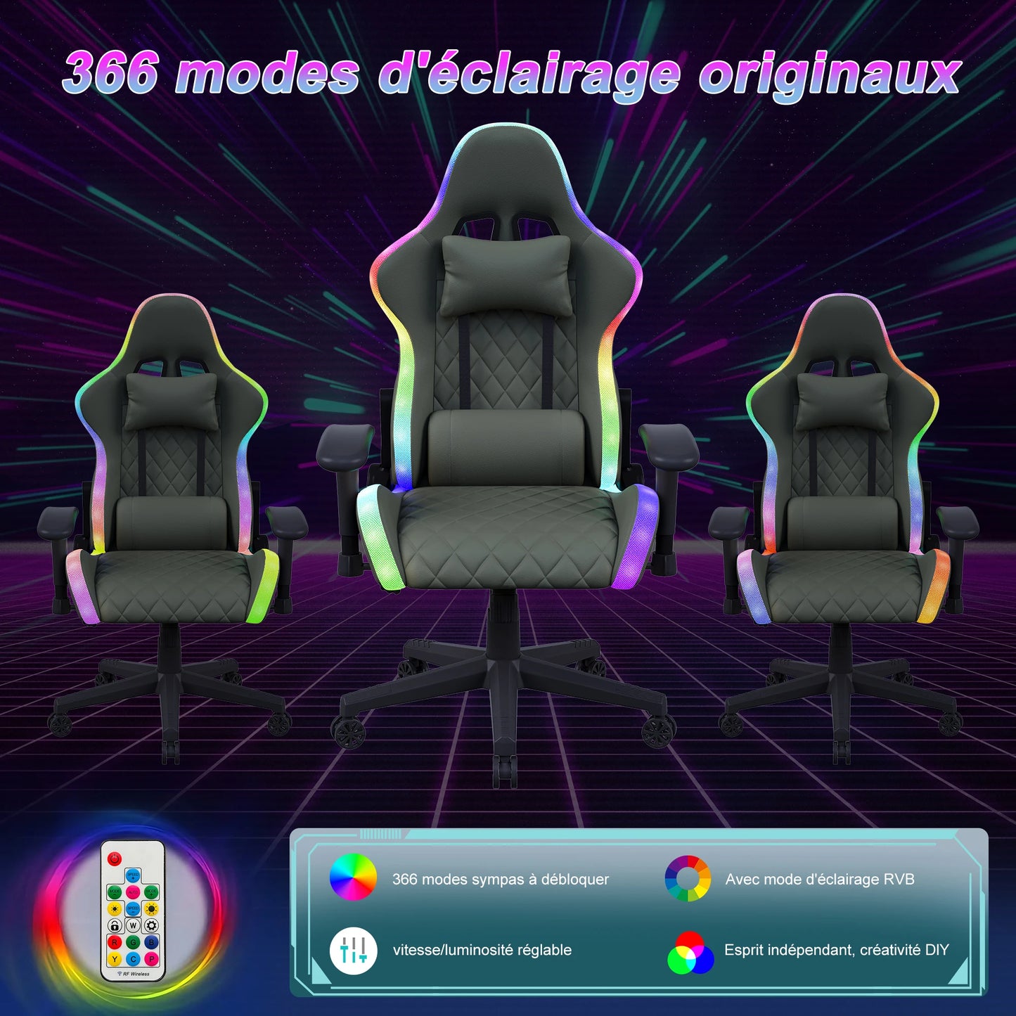 Fangange Ergonomic Gaming Chair with Massage Function, LED Light, Adjustable Reclining Computer Chair with Lumbar Support Pillow, 150KG